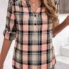 Pink Ruched Plaid Long Sleeve Split Neck Blouse -UrbanLayer Store 336504 P 16907883898910