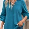 Peacock Blue Ruched Long Sleeve Shirt Collar Blouse -UrbanLayer Store 336510 P 16928733642170