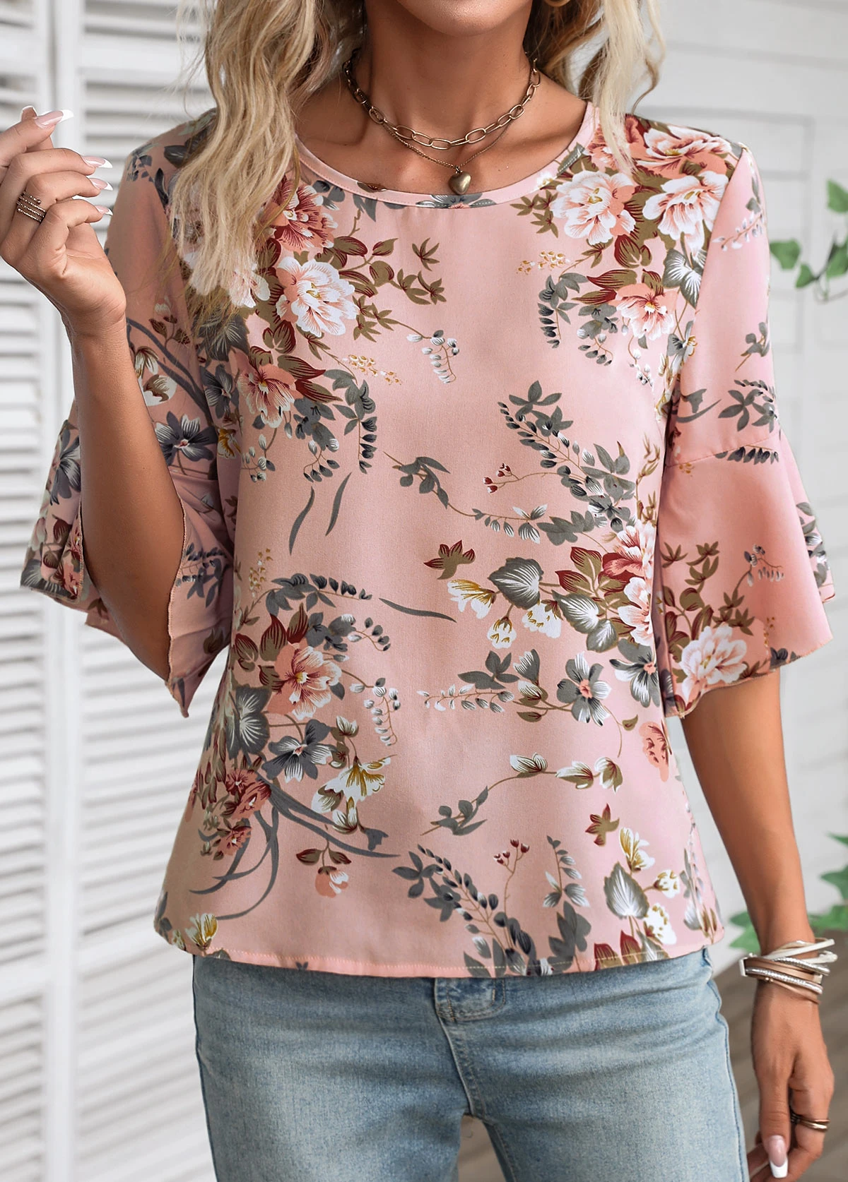 Dusty Pink Button Floral Print Blouse 3 Dusty Pink Button Floral Print Blouse