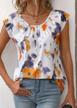 Orange Ruched Floral Print Short Sleeve Blouse -UrbanLayer Store 336676 P 16878652055313