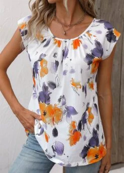 Orange Ruched Floral Print Short Sleeve Blouse -UrbanLayer Store 336676 P 16878652057682