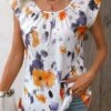 Orange Ruched Floral Print Short Sleeve Blouse -UrbanLayer Store 336676 P 16878652058460