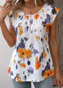 Orange Ruched Floral Print Short Sleeve Blouse -UrbanLayer Store 336676 P 16878652058854