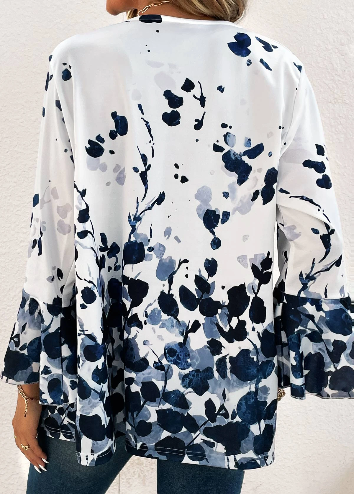 Navy Button Ink Painting Print Long Sleeve Blouse 4 Navy Button Ink Painting Print Long Sleeve Blouse - Image 2