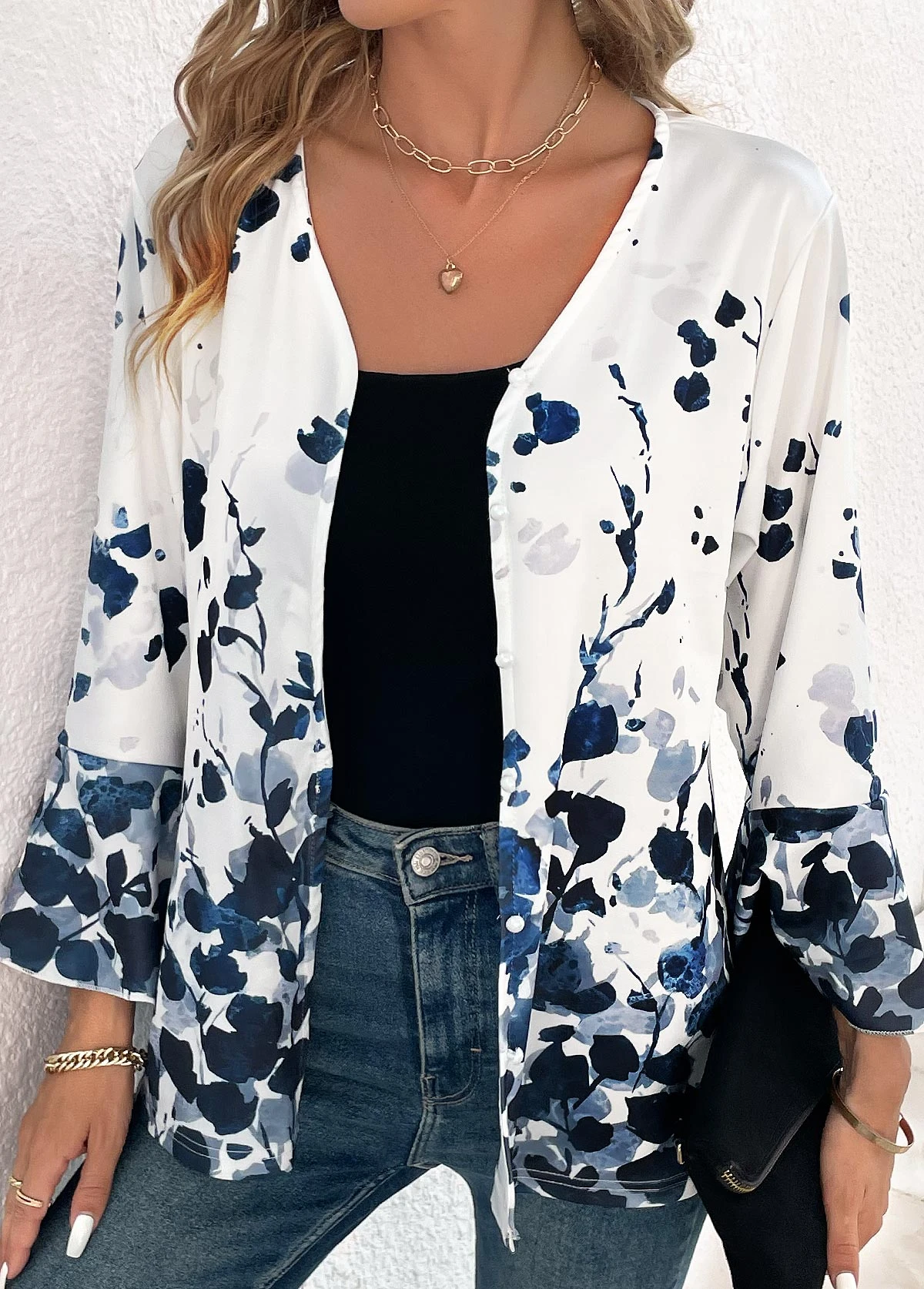 Navy Button Ink Painting Print Long Sleeve Blouse 6 Navy Button Ink Painting Print Long Sleeve Blouse - Image 4
