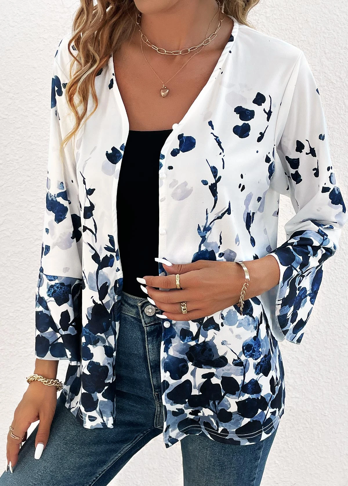 Navy Button Ink Painting Print Long Sleeve Blouse 5 Navy Button Ink Painting Print Long Sleeve Blouse - Image 3