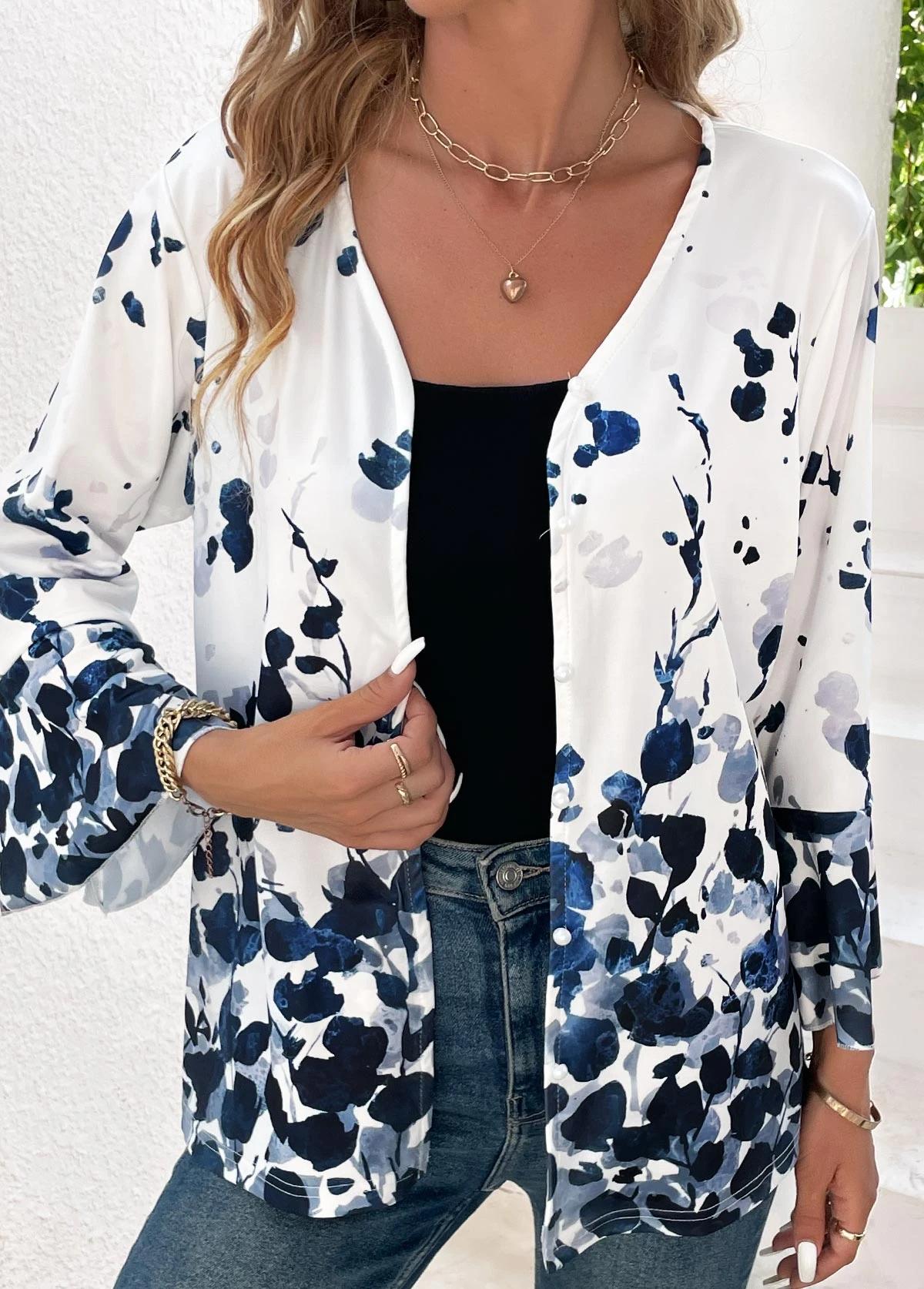 Navy Button Ink Painting Print Long Sleeve Blouse 7 Navy Button Ink Painting Print Long Sleeve Blouse - Image 5