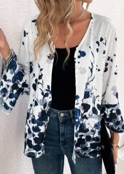 Navy Button Ink Painting Print Long Sleeve Blouse
