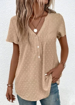 Light Camel Button Short Sleeve Split Neck Blouse