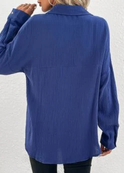 Navy Button Long Sleeve Shirt Collar Blouse -UrbanLayer Store 337558 P 16896776051021