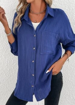 Navy Button Long Sleeve Shirt Collar Blouse -UrbanLayer Store 337558 P 16896776051515