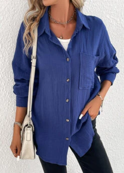Navy Button Long Sleeve Shirt Collar Blouse -UrbanLayer Store 337558 P 16896776051764