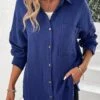 Navy Button Long Sleeve Shirt Collar Blouse -UrbanLayer Store 337558 P 16896776054560