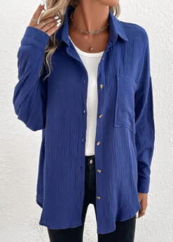 Navy Button Long Sleeve Shirt Collar Blouse -UrbanLayer Store 337558 P 16896776057153