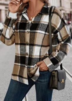 Light Coffee Patchwork Plaid Long Sleeve Blouse -UrbanLayer Store 337581 P 16899092121915