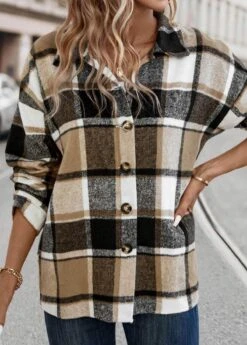 Light Coffee Patchwork Plaid Long Sleeve Blouse -UrbanLayer Store 337581 P 16899092122314