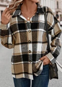 Light Coffee Patchwork Plaid Long Sleeve Blouse -UrbanLayer Store 337581 P 16899092123222