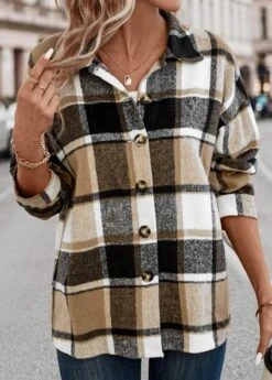 Light Coffee Patchwork Plaid Long Sleeve Blouse -UrbanLayer Store 337581 P 16899092127513