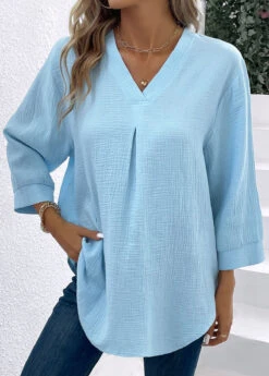 Light Blue Button Three Quarter Length Sleeve Blouse 10 Light Blue Button Three Quarter Length Sleeve Blouse -UrbanLayer Store 337585 P 16897663731453
