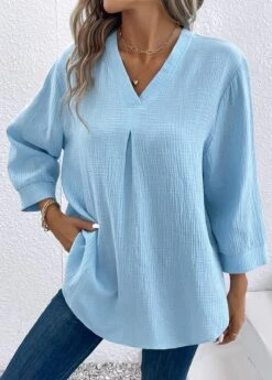 Light Blue Button Three Quarter Length Sleeve Blouse 9 Light Blue Button Three Quarter Length Sleeve Blouse -UrbanLayer Store 337585 P 16897663734022