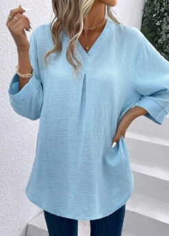 Light Blue Button Three Quarter Length Sleeve Blouse 11 Light Blue Button Three Quarter Length Sleeve Blouse -UrbanLayer Store 337585 P 16897663734754