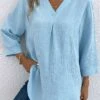 Light Blue Button Three Quarter Length Sleeve Blouse -UrbanLayer Store 337585 P 16897663735570
