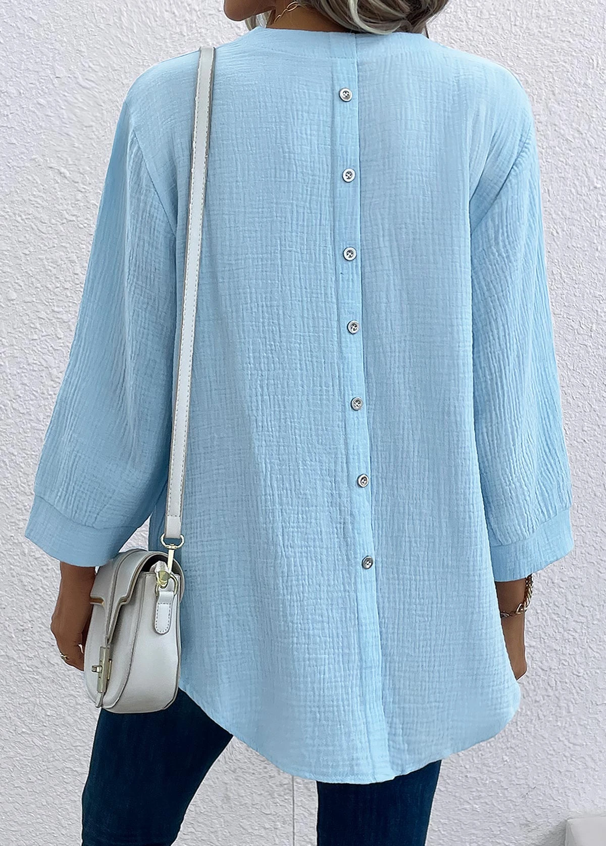 Light Blue Button Three Quarter Length Sleeve Blouse 4 Light Blue Button Three Quarter Length Sleeve Blouse - Image 2