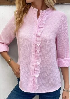 Pink Frill Long Sleeve Stand Collar Blouse -UrbanLayer Store 337593 P 16908911231455