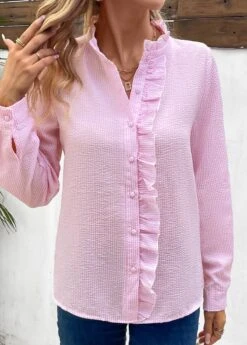 Pink Frill Long Sleeve Stand Collar Blouse -UrbanLayer Store 337593 P 16908911231983