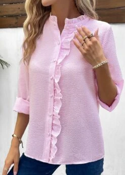 Pink Frill Long Sleeve Stand Collar Blouse -UrbanLayer Store 337593 P 16908911236334