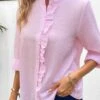 Pink Frill Long Sleeve Stand Collar Blouse -UrbanLayer Store 337593 P 16908911237680