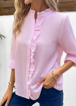 Pink Frill Long Sleeve Stand Collar Blouse