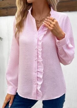 Pink Frill Long Sleeve Stand Collar Blouse -UrbanLayer Store 337593 P 16908911238232