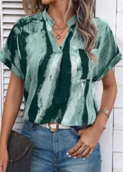 Turquoise Lightweight Ink Painting Print Short Sleeve Blouse -UrbanLayer Store 337668 P 1688535319581