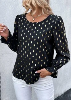 Black Hot Stamping Argyle Print Long Sleeve Blouse -UrbanLayer Store 337830 P 1688625065342