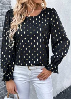 Black Hot Stamping Argyle Print Long Sleeve Blouse
