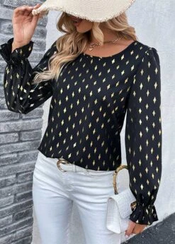 Black Hot Stamping Argyle Print Long Sleeve Blouse -UrbanLayer Store 337830 P 1688625065673
