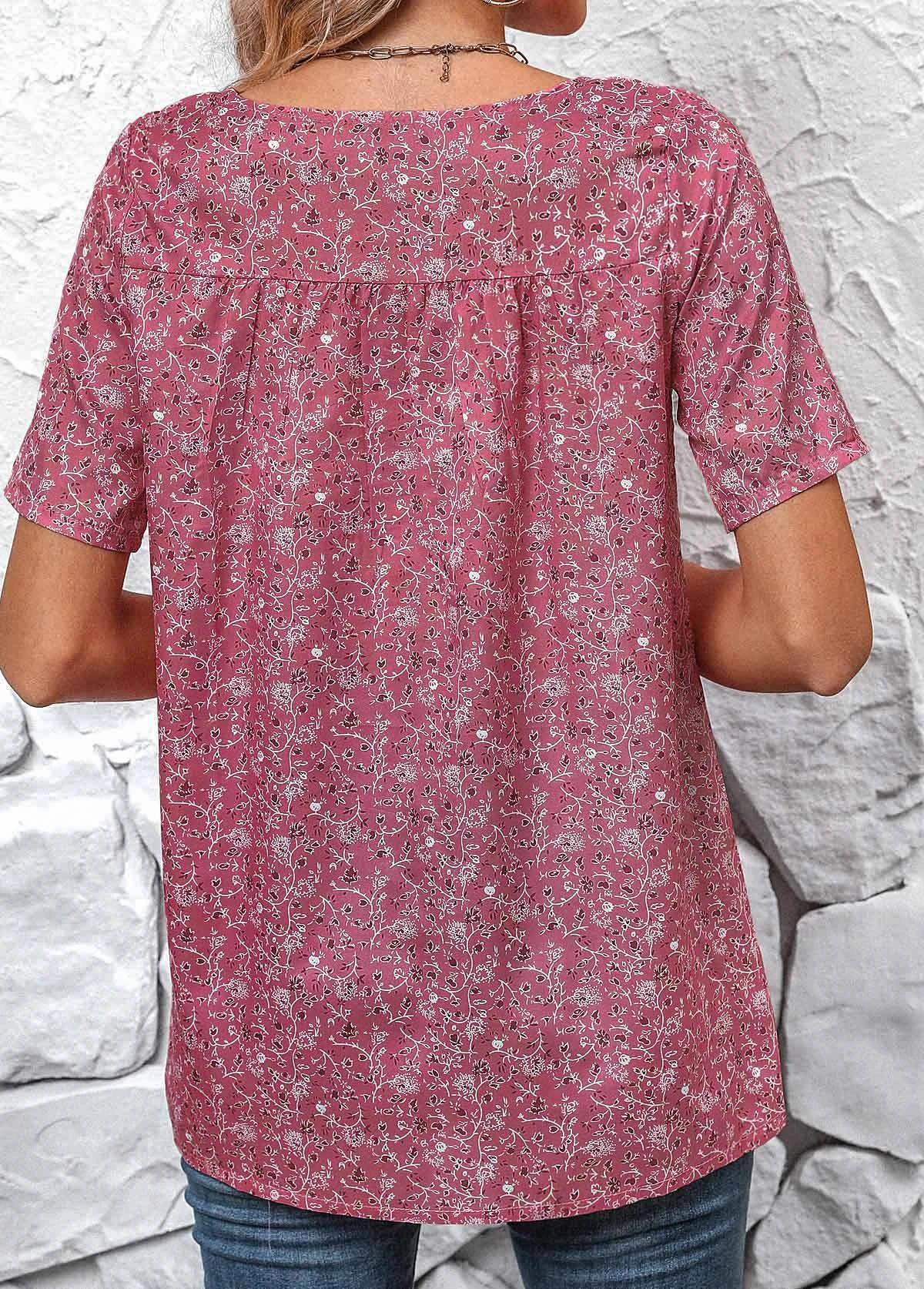 Pink Ruched Ditsy Floral Print Short Sleeve Blouse 4 Pink Ruched Ditsy Floral Print Short Sleeve Blouse - Image 2