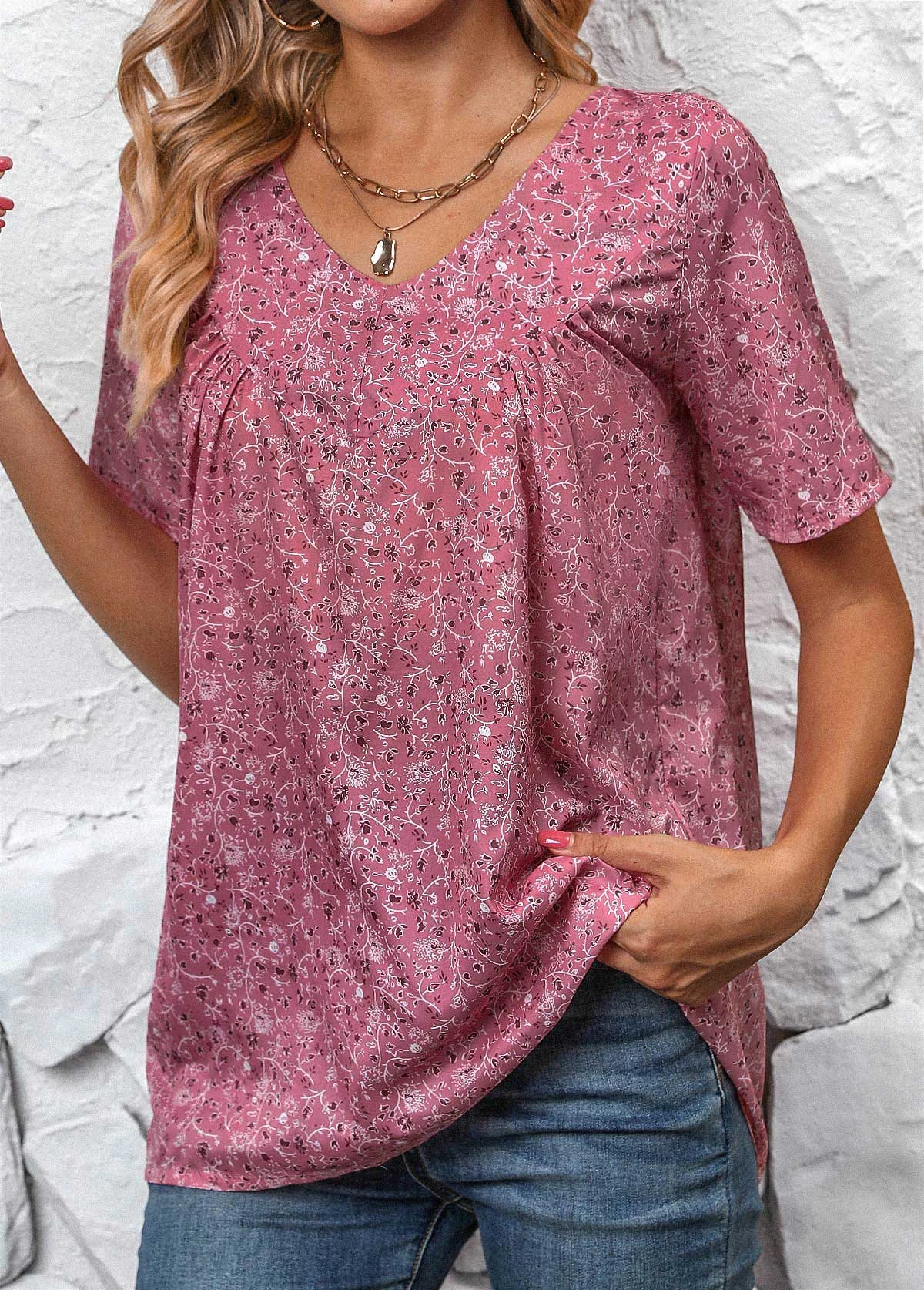 Pink Ruched Ditsy Floral Print Short Sleeve Blouse 5 Pink Ruched Ditsy Floral Print Short Sleeve Blouse - Image 3