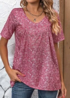 Pink Ruched Ditsy Floral Print Short Sleeve Blouse