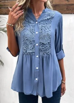 Denim Blue Lace Long Sleeve Split Neck Blouse -UrbanLayer Store 338003 P 16908889350133