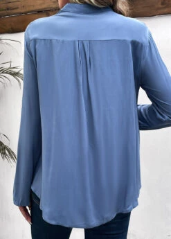 Denim Blue Lace Long Sleeve Split Neck Blouse -UrbanLayer Store 338003 P 16908889351611