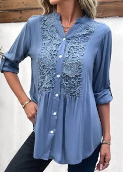 Denim Blue Lace Long Sleeve Split Neck Blouse -UrbanLayer Store 338003 P 16908889353192