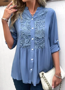 Denim Blue Lace Long Sleeve Split Neck Blouse -UrbanLayer Store 338003 P 16908889354744