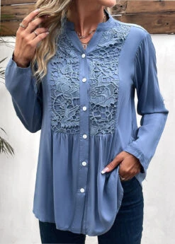 Denim Blue Lace Long Sleeve Split Neck Blouse -UrbanLayer Store 338003 P 16908889356325