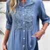 Denim Blue Lace Long Sleeve Split Neck Blouse -UrbanLayer Store 338003 P 16908889359980
