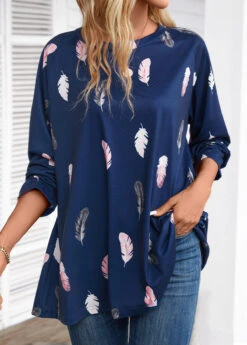 Navy Feathers Print Extra Long Sleeve Round Neck Blouse -UrbanLayer Store 338015 P 16982318441553
