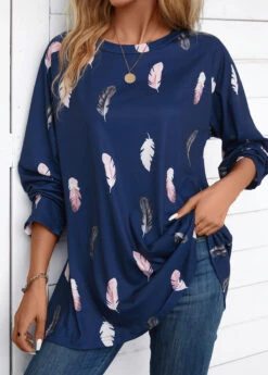Navy Feathers Print Extra Long Sleeve Round Neck Blouse -UrbanLayer Store 338015 P 16982318443272