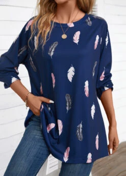 Navy Feathers Print Extra Long Sleeve Round Neck Blouse -UrbanLayer Store 338015 P 16982318444324