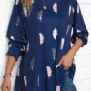 Navy Feathers Print Extra Long Sleeve Round Neck Blouse